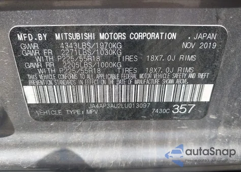 2020 Mitsubishi Outlander Sport 2.0 Es из США, поврежденный, VIN JA4AP3AU2LU013097